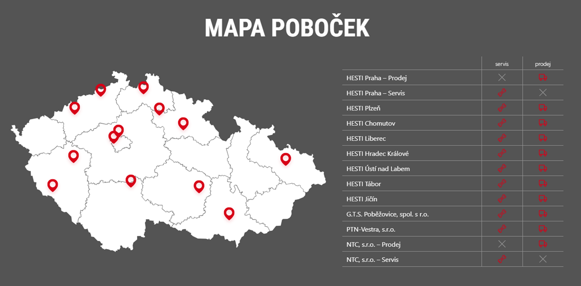 Mapa poboček HESTI GROUP v České republice